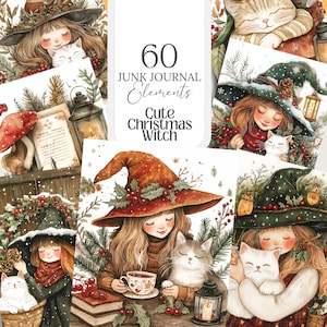 Könnte beinhalten: Sammlung digitaler Kunstdrucke mit einem niedlichen Weihnachtshexen-Thema. Die Illustrationen zeigen ein junges Mädchen mit langen Haaren, einem Hexenhut und einer Katze. Der Text "60 Junk Journal Elements Cute Christmas Witch" ist ebenfalls sichtbar.