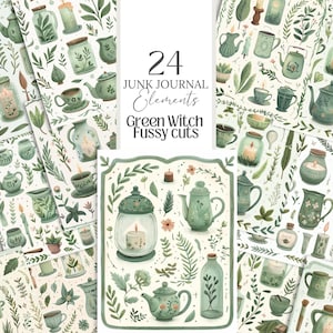 May include: 24 Green Witch Junk Journal Elements fussy cuts. A collection of digital illustrations featuring green teapots, candles, and other witchy elements.
