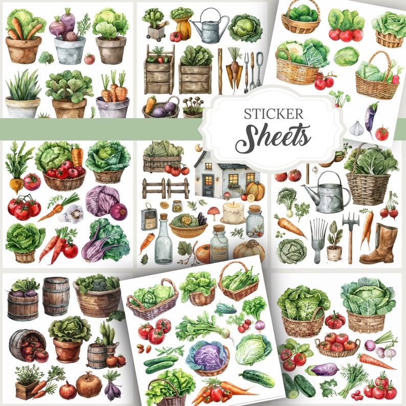 Veggie farm gardening PNG set with over 330 elements. Includes clipart, ephemera, and border pages ideal for junk journaling, scrapbooking, grimoire pages, and green witch rituals. Designed for spring, summer, and botanical craft projects.