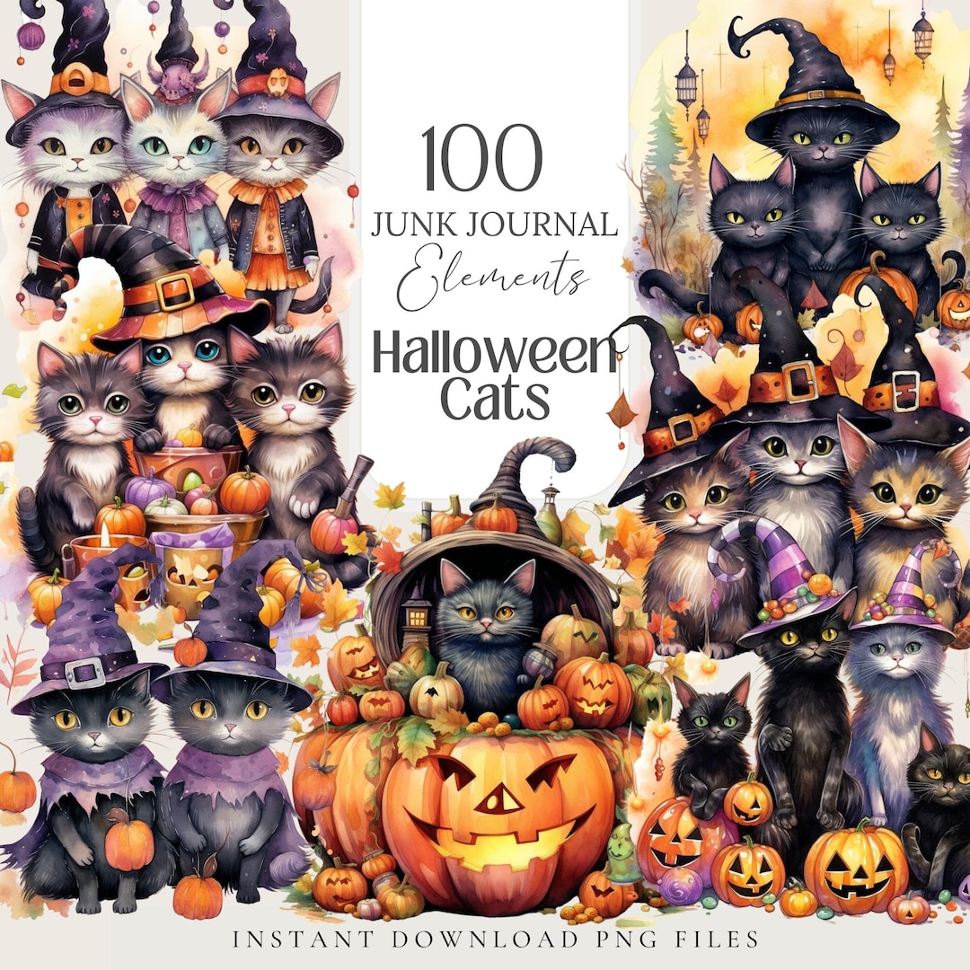 Watercolor Halloween Cats Clipart Bundle – 100 Spooky PNG Images ...
