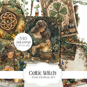 Whimsical Celtic witch-themed watercolor PNG images, including  elements like border pages, clipart, and ephemera. Perfect for Book of Shadows, Grimoire, junk journals, scrapbooks, and witchy planner designs. green witch projects.