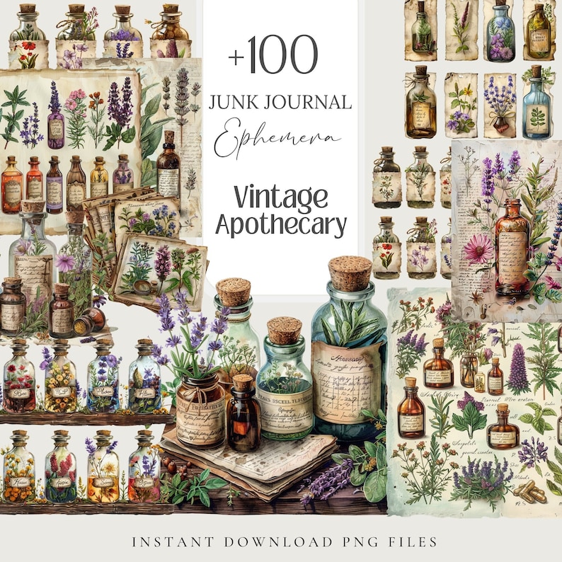 May include: A digital collage featuring vintage apothecary elements. The image showcases numerous glass bottles with cork stoppers, filled with herbs and flowers. Text includes "+100 Junk Journal Ephemera Vintage Apothecary" and "Instant Download PNG Files".