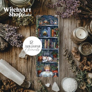 Cute Cats and Book Lovers Witchy Cozy Kitty Witch Bookworm Reading PNG images with a 1:3 ratio. Perfect for bookmarks, tags, labels, junk journals, scrapbooking, illustrations, clipart, sublimation, and stickers