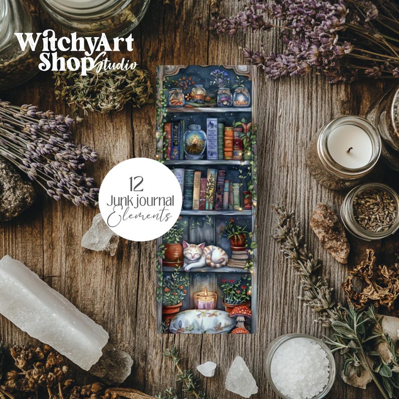 Cute Cats and Book Lovers Witchy Cozy Kitty Witch Bookworm Reading PNG images with a 1:3 ratio. Perfect for bookmarks, tags, labels, junk journals, scrapbooking, illustrations, clipart, sublimation, and stickers