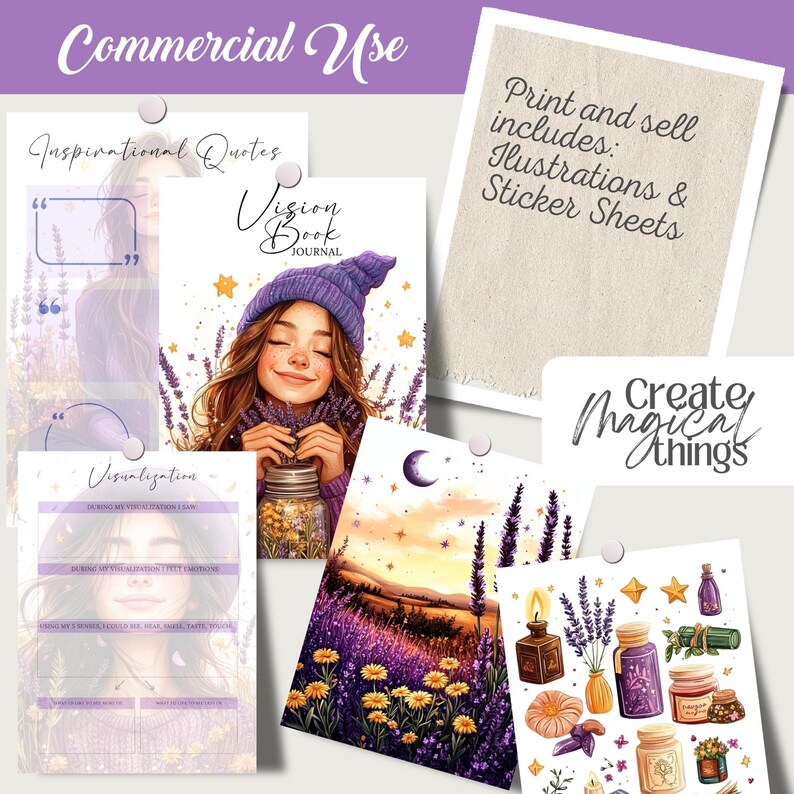 Vision Book Witchy Planner with 35 planner pages, 82 mystical illustrations, and 16 sticker sheets. Letter-sized printable set for vision boards, manifestation journals, and spiritual notebooks. Includes commercial use for physical products.