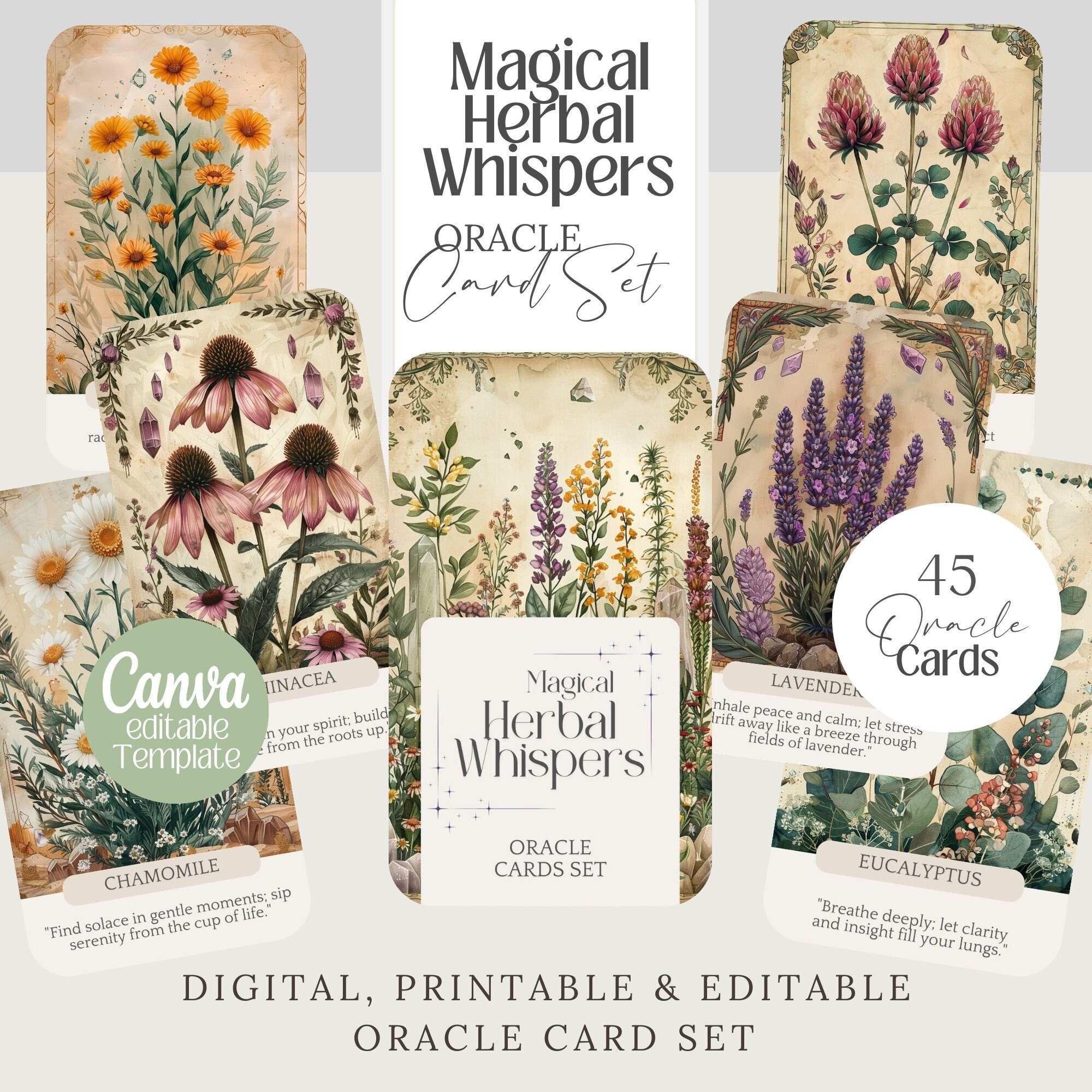 Herbal Whispers Botanical Oracle Cards, Printable Deck, Editable