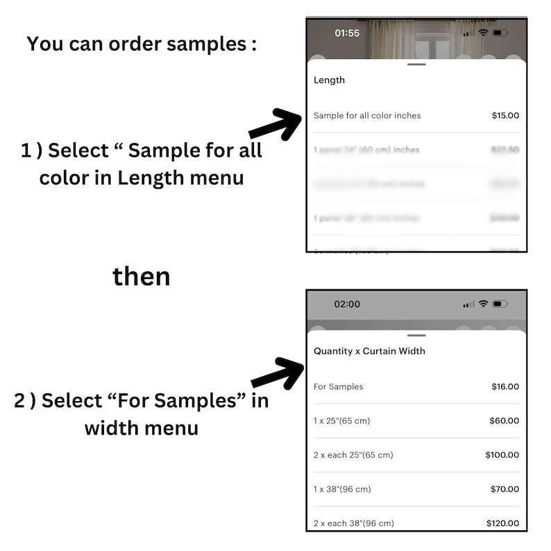 May include: A screenshot of a mobile phone screen showing a menu for ordering fabric samples. The menu shows different sizes and prices for samples. The text on the screen says "Quantity x Curtain Width" and "For Samples".