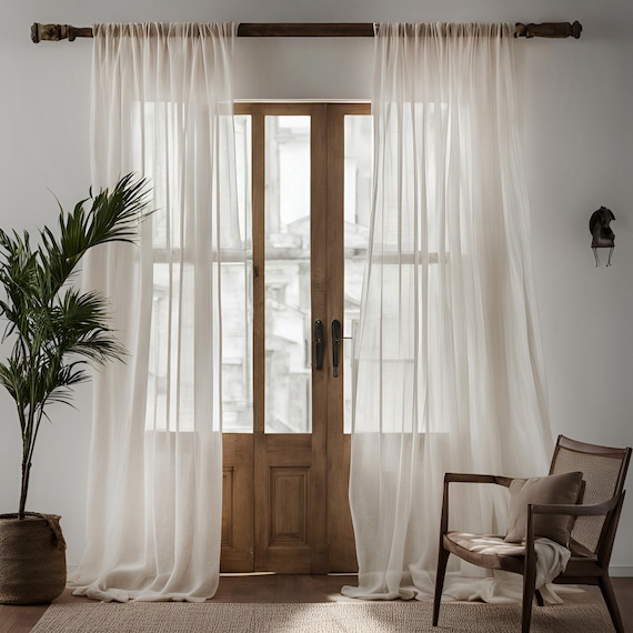 Linen Sheer Curtain Panels for Bedroom, living room, 12 Colors, Grommet, Rod pocket, Hook/Ring, Track Options , Custom Size Drapery