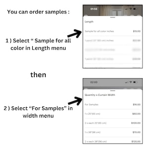 May include: A screenshot of a mobile phone screen showing a menu for ordering fabric samples. The menu shows different sizes and prices for samples. The text on the screen says "Quantity x Curtain Width" and "For Samples".