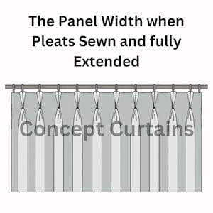 May include: A diagram of a light gray curtain panel with pinch pleats hanging from a rod. The text reads: The Panel Width when Pleats Sewn and fully Extended and Concept Curtains. The illustration shows the curtain fabric gathered into vertical pleats.