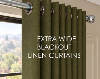 Extra Wide 100% Blackout Lined Linen Curtains for Living Room, Custom Size Drapes, Light Blocking Drapes for Bedroom, Sliding, Patio Doors