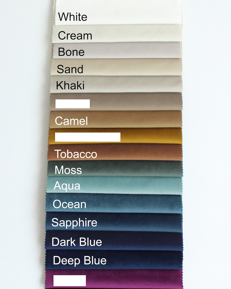 Puede incluir: Una tarjeta de muestras de tela con 13 colores diferentes, incluyendo blanco, crema, hueso, arena, caqui, camel, tabaco, musgo, agua, oc&eacute;ano, zafiro, azul oscuro y azul profundo.