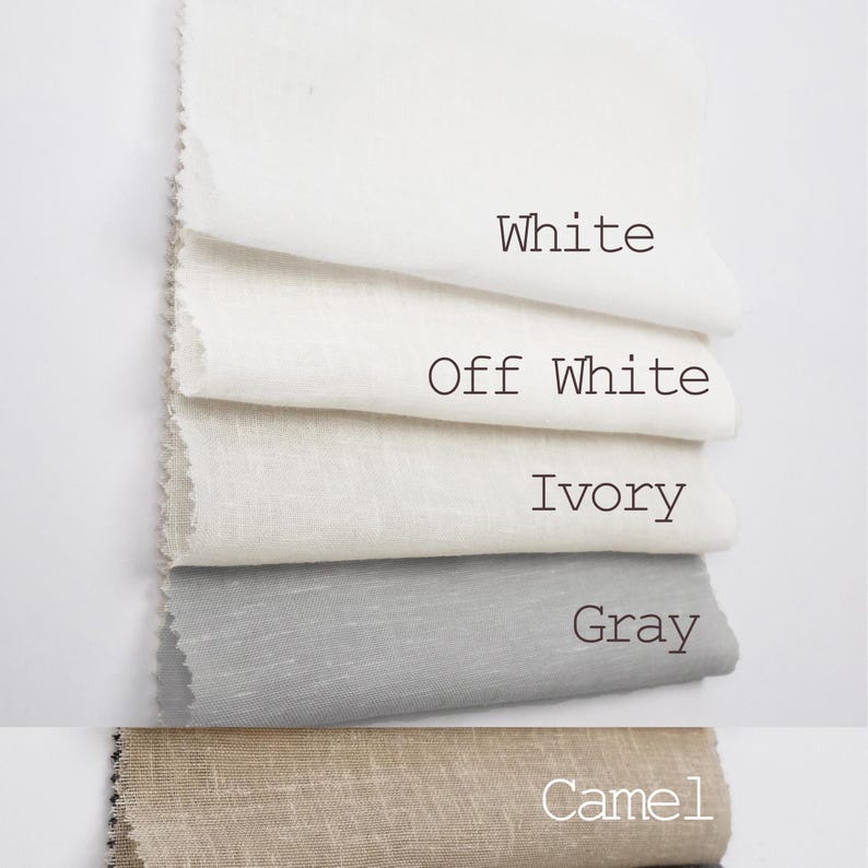 May include: Five fabric swatches in different shades of white, gray, and beige. The swatches are labeled "White", "Off White", "Ivory", "Gray", and "Camel".