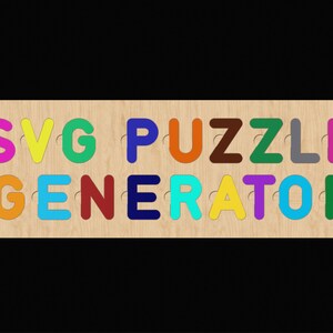 Puede incluir: Rompecabezas de madera con las palabras "SVG PUZZLE GENERATOR" en letras individuales y coloridas. Las letras son de varios colores, incluyendo rosa, amarillo, verde, azul, naranja, marr&oacute;n y morado, sobre un fondo de madera clara.