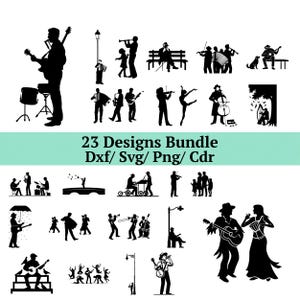 Può includere: Una collezione di 23 disegni a silhouette in bianco e nero raffiguranti musicisti, ballerini e scene di strada. I disegni includono persone che suonano strumenti come chitarre, violini e trombe. Il testo in basso recita "23 Designs Bundle Dxf/ Svg/ Png/ Cdr".