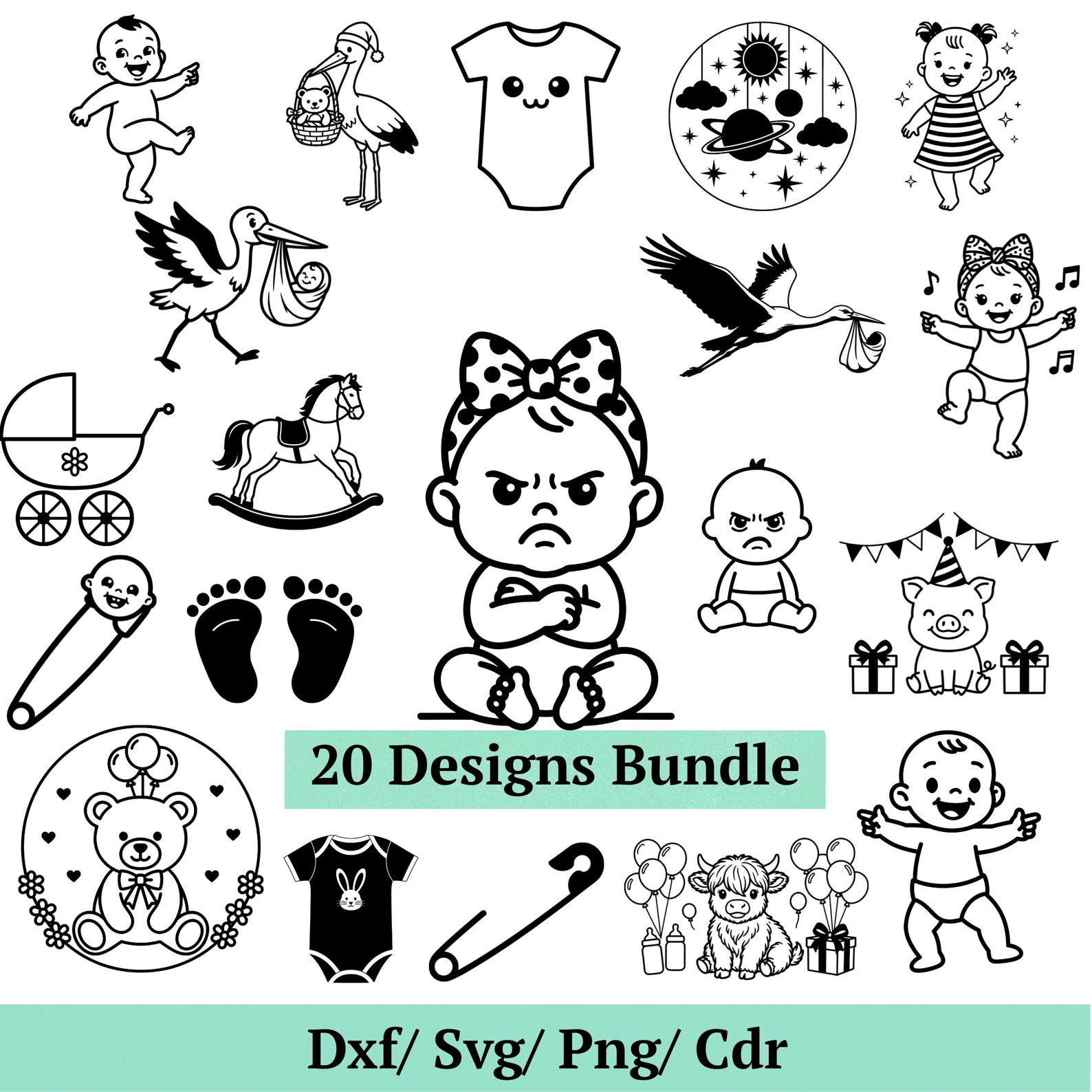 Funny Baby SVG Bundle, 20 Angry Newborn Designs, Cute Stork Clipart ...