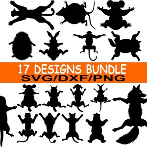 Könnte beinhalten: Eine Sammlung von 17 schwarzen Tiersilhouetten, darunter Katze, Ratte, Koala, Igel, Kaninchen, Affe und Fuchs. Das Bild zeigt ein orangefarbenes Banner mit der Aufschrift "17 DESIGNS BUNDLE SVG/DXF/PNG" auf weißem Hintergrund.