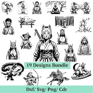 May include: A collection of 19 black and white graphic illustrations featuring samurai, warriors, and mythical figures in traditional attire with masks and swords. The text 19 Designs Bundle and Dxf/ Svg/ Png/ Cdr is displayed on green banners.