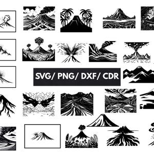 May include: A collection of black and white volcano illustrations in various styles. Some show eruptions with smoke and lava, others depict the mountain's form. The text "SVG / PNG / DXF / CDR" is also present.