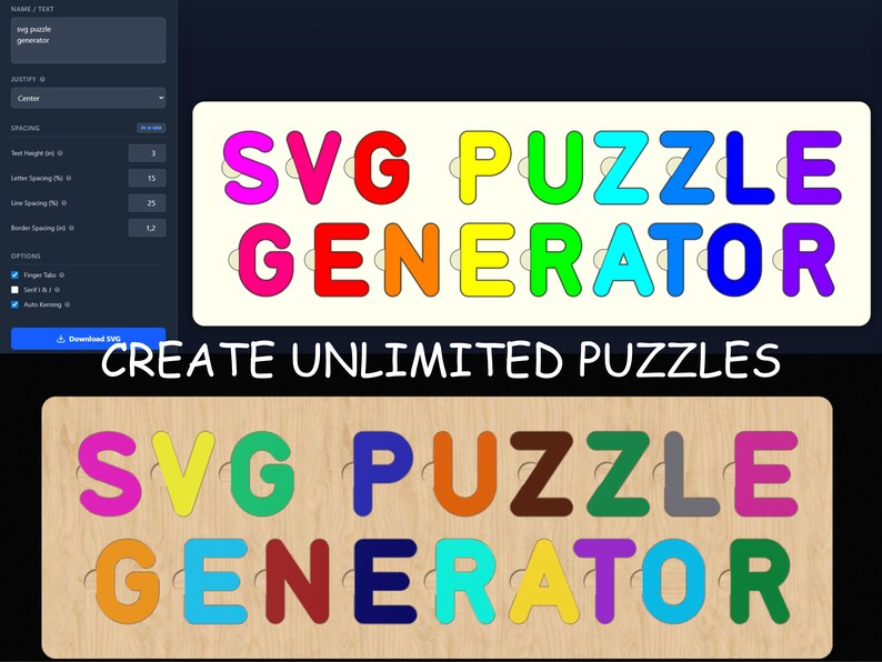 Puede incluir: Dos rompecabezas de madera con el texto "SVG PUZZLE GENERATOR" en letras coloridas. El rompecabezas superior est&aacute; sobre un fondo blanco, y el inferior sobre un fondo de madera. Tambi&eacute;n se ve el texto "CREATE UNLIMITED PUZZLES".