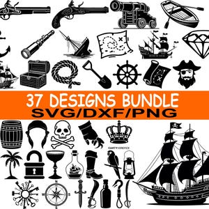 May include: Black and white pirate-themed digital design bundle with 37 designs. Includes pirate ships, treasure maps, pistols, a skull and crossbones, and the text "37 DESIGNS BUNDLE SVG/DXF/PNG".