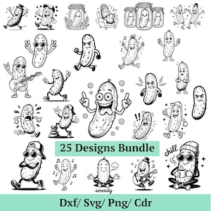 May include: A collection of 25 black and white pickle designs in various poses and activities. Some pickles wear sunglasses, hats, or play musical instruments. The text "25 Designs Bundle" is displayed below the pickle illustrations, along with file type options.