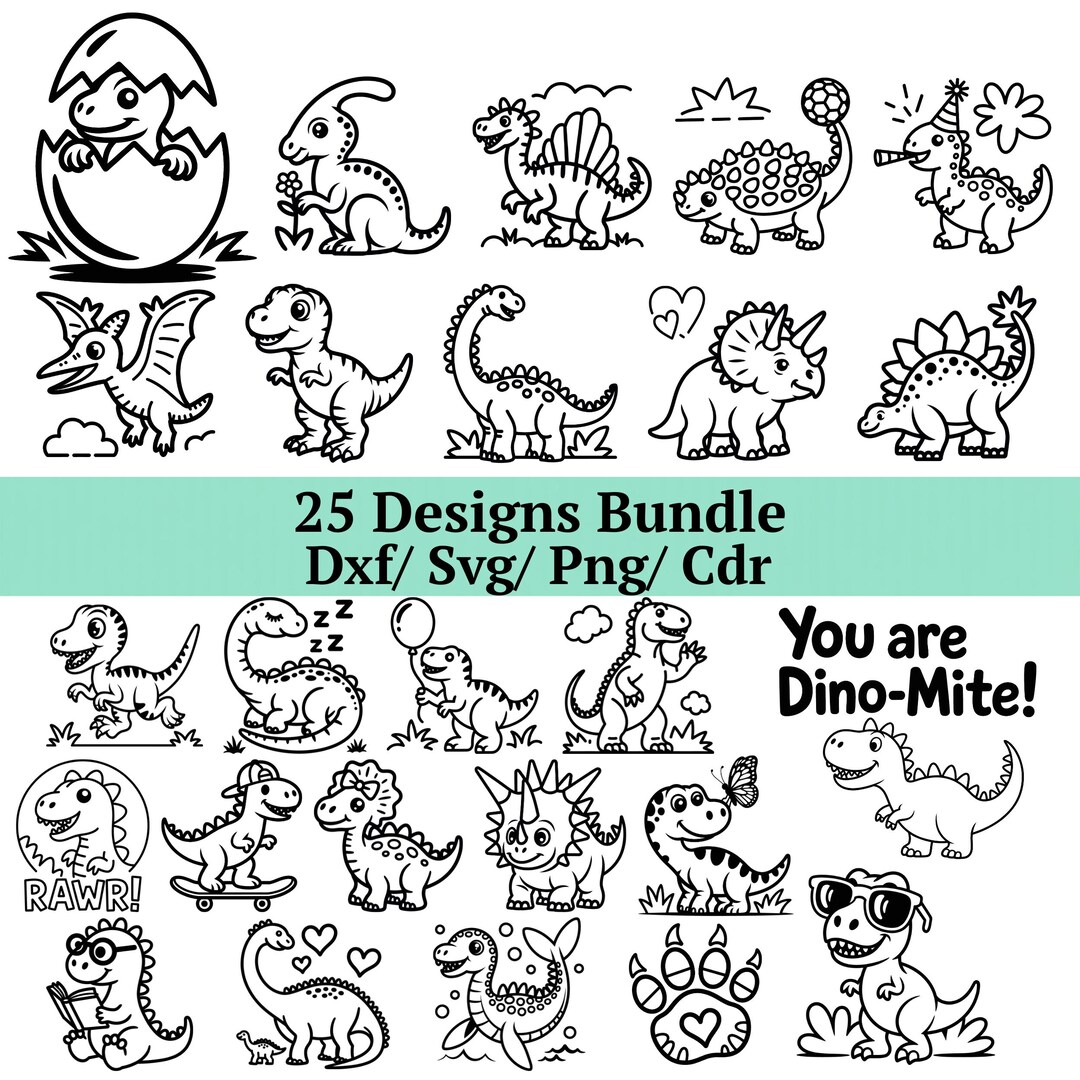 Baby Dinosaur SVG Bundle, 25 Cute Dino Designs, Nursery Clipart, T-rex ...