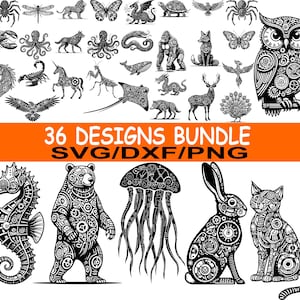 May include: Black and white digital designs of various animals, including an owl, bear, and seahorse, with intricate mechanical gear details. The image includes the text "36 DESIGNS BUNDLE SVG/DXF/PNG".