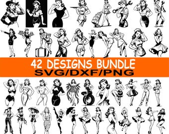 May include: A collection of 42 black and white pin-up girl designs in various poses and outfits. The designs are available in SVG, DXF, and PNG formats. The image features women in different professions and styles.