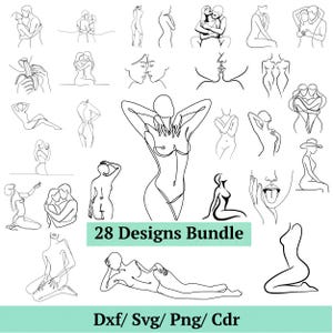 May include: A collection of 28 minimalist line art designs in black and white. The illustrations depict figures in various poses, including embracing couples and solitary forms. Text reads "28 Designs Bundle" and "Dxf/ Svg/ Png/ Cdr".