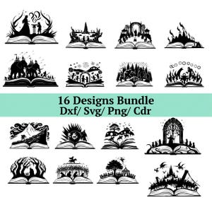 May include: A collection of 16 black and white designs, each depicting a different scene within an open book. The designs include silhouettes of castles, forests, and mythical creatures. Text on the image reads "16 Designs Bundle Dxf/ Svg/ Png/ Cdr."