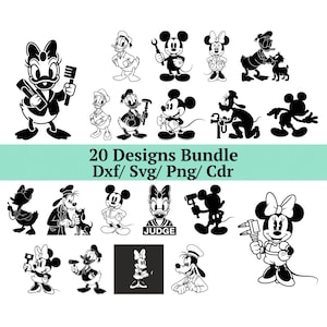 May include: A collection of 20 black and white cartoon character designs, including Mickey Mouse, Minnie Mouse, Donald Duck, and Daisy Duck. The text "20 Designs Bundle Dxf/ Svg/ Png/ Cdr" is displayed in a green rectangle.