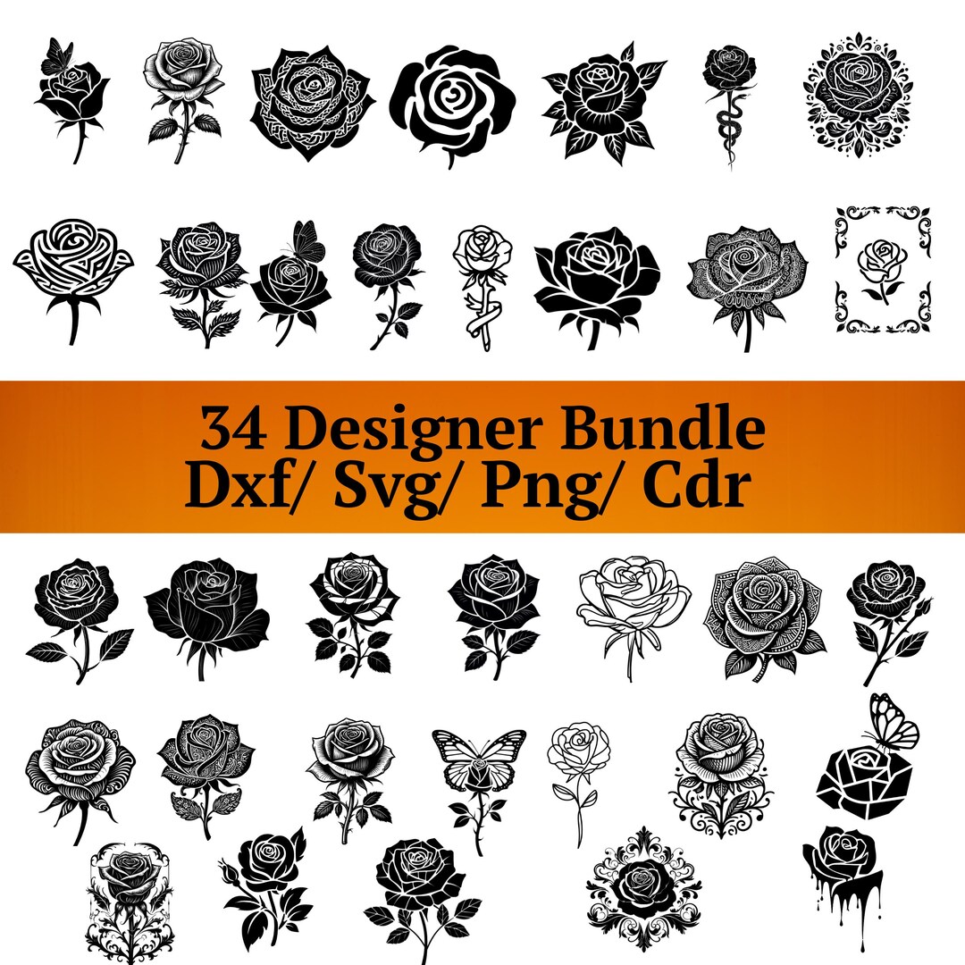 Rose SVG Bundle, 34 Flower Silhouette Clipart, Floral DXF PNG Cdr - Etsy