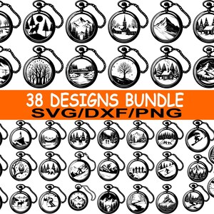 May include: A set of 38 black and white pocket watch designs, each depicting a different outdoor scene. The designs include mountains, forests, and buildings. The text "38 DESIGNS BUNDLE SVG/DXF/PNG" is displayed in orange.