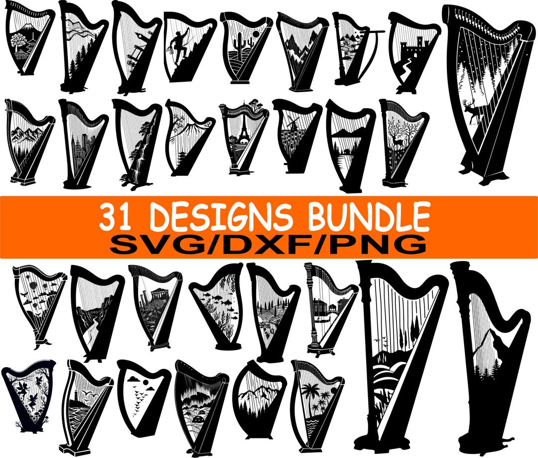 Harp SVG Bundle, 31 Landscape Harp Designs, Music Instrument Clipart ...
