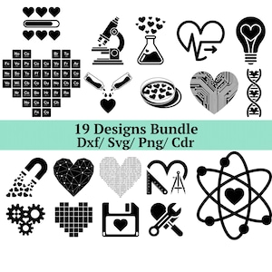 Puede incluir: Un conjunto de 19 diseños en blanco y negro con temática científica. Los diseños incluyen corazones, un microscopio, un matraz, una cadena de ADN y una tabla periódica de los elementos. También está presente el texto "19 Designs Bundle Dxf/Svg/Png/Cdr".
