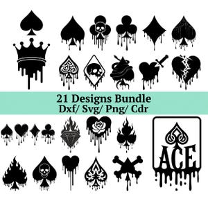 May include: A collection of 21 black graphic designs, including playing card suits, crowns, skulls, and other decorative elements. The designs have a dripping effect. The text "21 Designs Bundle" is included.
