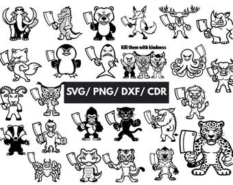 Cute Animals with Knife SVG Bundle - 25 Designs - Cocky clipart - Tattoo Flash Style - Street style for Cricut, Laser Cut, Stickers & Decals