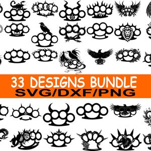 May include: A collection of 33 black brass knuckle designs with various decorative elements, including animals, wings, and floral patterns. The text "33 DESIGNS BUNDLE SVG/DXF/PNG" is displayed in orange and black.