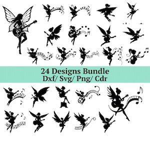 Puede incluir: Un conjunto de 24 diseños de siluetas negras que representan hadas tocando la guitarra y notas musicales. Las hadas tienen alas y están en varias poses. El texto sobre un fondo turquesa dice "24 Designs Bundle Dxf/ Svg/ Png/ Cdr".
