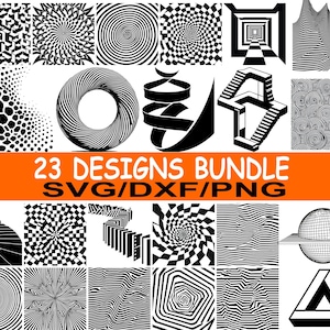 Puede incluir: Un conjunto de 23 diseños de ilusión óptica en blanco y negro. Los diseños incluyen espirales, patrones geométricos y formas imposibles. El texto "23 DESIGNS BUNDLE SVG/DXF/PNG" se muestra en una pancarta naranja.