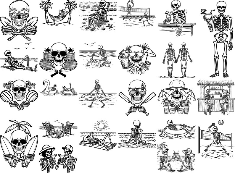 Beach Skeleton Svg Dxf Png Bundle, Funny Summer Skull Vacation Clipart ...