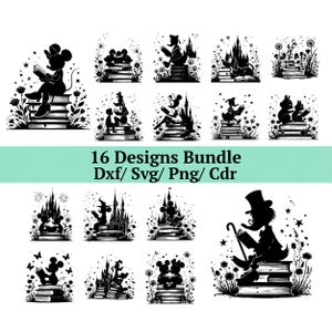 May include: A collection of 16 black and white designs featuring cartoon characters reading books. The designs include silhouettes of characters like Mickey Mouse, Donald Duck, and others, with floral and castle elements. The text "16 Designs Bundle Dxf/ Svg/ Png/ Cdr" is also included.