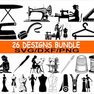 Peut inclure: Illustrations en noir et blanc d'outils et d'équipements de couture, dont des machines à coudre, un fer à repasser, un mètre ruban, un dé à coudre et une bobine de fil. Le texte "26 DESIGNS BUNDLE SVG/DXF/PNG" est affiché dans un rectangle orange.