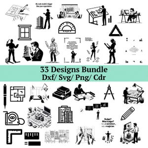 May include: A collection of 33 architectural design elements in black and white, including blueprints, building silhouettes, and drafting tools. The text "33 Designs Bundle Dxf/Svg/Png/ Cdr" is displayed prominently.