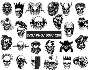 Paquete SVG de calavera, imágenes prediseñadas vectoriales de esqueleto para Cricut, Glowforge y archivos cortados con láser.