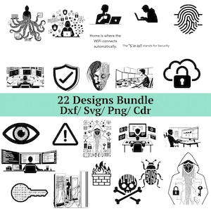 Könnte beinhalten: Eine Sammlung von 22 schwarz-weißen digitalen Designs zum Thema Cybersicherheit. Die Designs umfassen Symbole wie einen Fingerabdruck, ein Schild mit Häkchen, eine Wolke mit Vorhängeschloss und Totenkopf. Text enthält "Home is where the WiFi connects automatically."