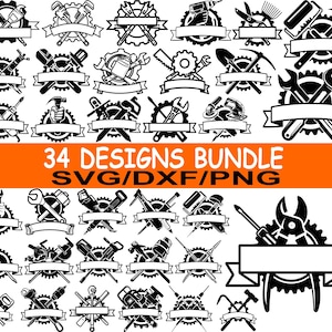 Puede incluir: Una colección de 34 diseños de herramientas en blanco y negro, que incluyen llaves, martillos, sierras y taladros, dispuestos en un patrón circular con una pancarta para texto. El texto "34 DESIGNS BUNDLE SVG/DXF/PNG" se muestra en un rectángulo naranja.