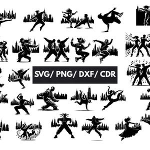 May include: Black and white illustrations of dancers in various poses, set against city skylines. The image includes the text "SVG / PNG / DXF / CDR". The dancers are depicted in dynamic, energetic movements, showcasing a variety of dance styles.