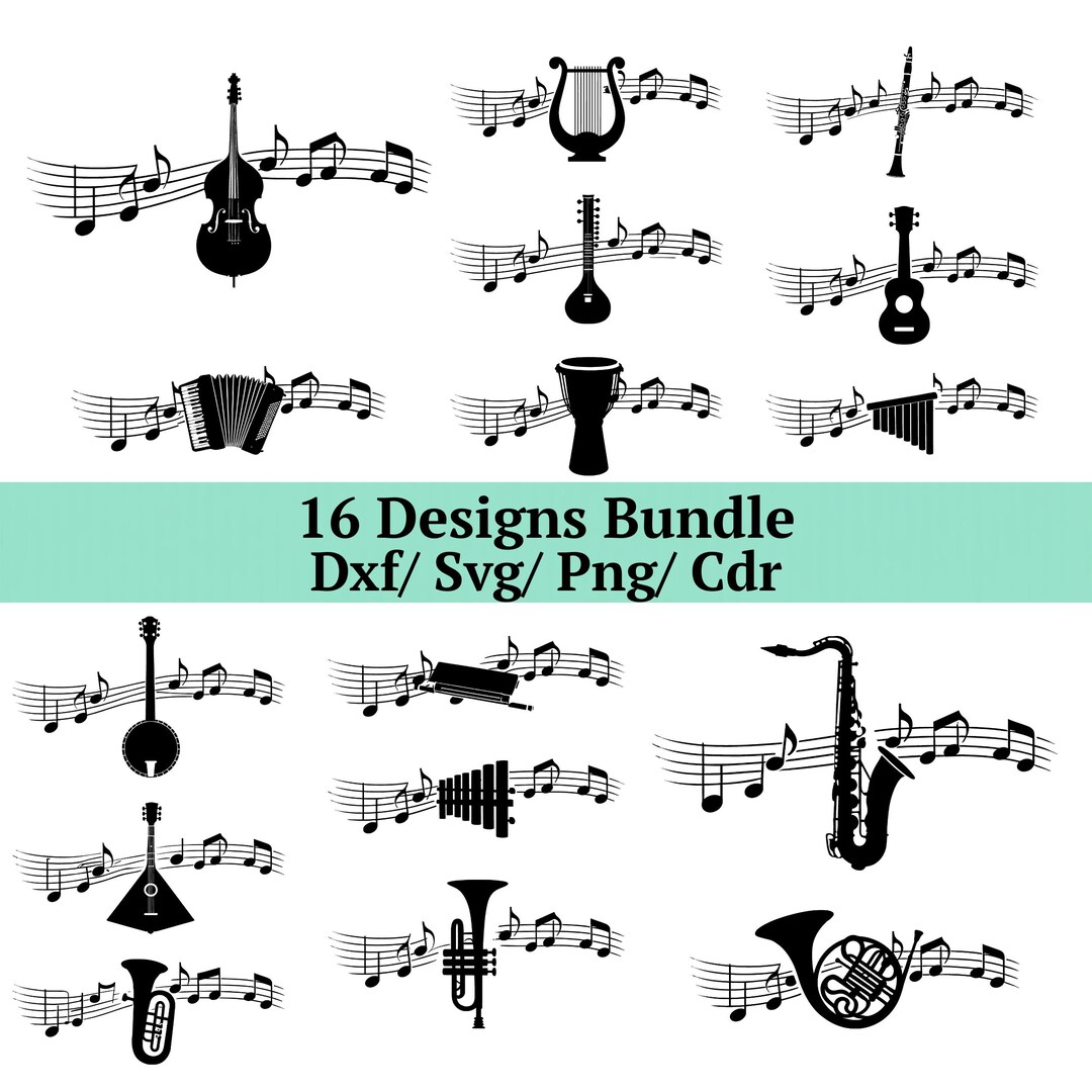 Music Instrument SVG Bundle, 16 Musical Notes Silhouette, Orchestra ...